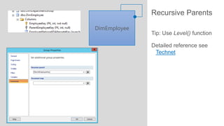 Recursive Parents
DimEmployee

Tip: Use Level() function
Detailed reference see
Technet

 