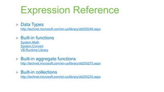 Expression Reference


Data Types
http://technet.microsoft.com/en-us/library/dd255246.aspx



Built-in functions
System.Math
System.Convert
VB Runtime Library



Built-in aggregate functions
http://technet.microsoft.com/en-us/library/dd255275.aspx



Built-in collections
http://technet.microsoft.com/en-us/library/dd255235.aspx

 