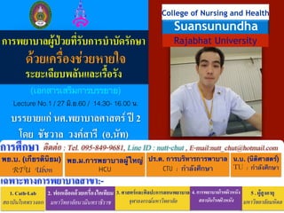 !
!
!
!
!
!
!
!!!
!
!
!
!
!
!
พย.บ. (เกียรตินิยม)!
RTU Ubon
พย.ม.การพยาบาลผู้ใหญ่!
HCU
ปร.ด. การบริหารการพาบาล!
CTU	 :	 กำลังศึกษา
ติดต่อ : Tel. 095-849-9681, Line ID : nutt-chut , E-mail:nutt_chut@hotmail.comการศึกษา
เฉพาะทางการพยาบาลสาขา:-
1. Cath-Lab
สถาบันโรคทรวงอก
2. ฟอกเลือดด้วยเครื่องไตเทียม
มหาวิทยาลัยนวมินทราธิราช
3. ศาสตร์และศิลปะการสอนพยาบาล
จุฬาลงกรณ์มหาวิทยาลัย
5 . ผู้สูงอายุ
มหาวิทยาลัยมหิดล
โดย ชัชวาล วงค์สารี (อ.นัท)
4. การพยาบาลโรคผิวหนัง
สถาบันโรคผิวหนัง
น.บ. (นิติศาสตร์)!
TU	 :	 กำลังศึกษา
!
Rajabhat University
College of Nursing and Health
Suansunundha
บรรยายแก่ นศ.พยาบาลศาสตร์ ปี 2
(เอกสารเสริมการบรรยาย)
ด้วยเครื่องช่วยหายใจ
การพยาบาลผู้ป่วยที่รับการบำบัดรักษา
!
ระยะเฉียบพลันและเรื้อรัง
Lecture No.1 / 27 มิ.ย.60 / 14.30- 16.00 น.
 