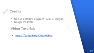 Credits
▸ CSR vs SSR flow diagram - Alex Grigoryan
▸ Google I/O 2018
30
Video Tutorials
▸ https://youtu.be/ey0NeAkE8Uo
 