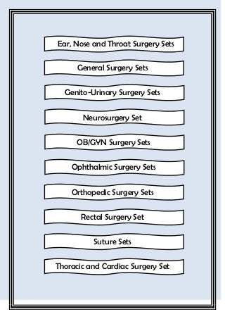 Ear, Nose and Throat Surgery Sets
General Surgery Sets
Genito-Urinary Surgery Sets
Neurosurgery Set
OB/GYN Surgery Sets
Ophthalmic Surgery Sets
Orthopedic Surgery Sets
Rectal Surgery Set
Suture Sets
Thoracic and Cardiac Surgery Set

 