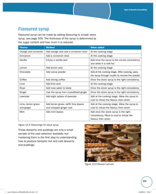 Types of desserts and puddings 
517 
Flavoured syrup 
Flavoured syrup can be made by adding flavouring to simple stock 
syrup, see page 509. The thickness of the syrup is determined by 
the sugar content and how much it is reduced. 
Flavour Method When added 
Orange and cinnamon Add orange zest and a cinnamon stick At the cooking stage 
Cinnamon Add a cinnamon stick At the cooking stage 
Vanilla Infuse a vanilla pod Add once the syrup is the correct consistency 
and while it is still hot 
Lemon Add lemon zest At the cooking stage 
Chocolate Add cocoa powder Add at the cooking stage. After cooking, pass 
the syrup through muslin to remove the powder 
Coffee Add strong coffee Once the stock syrup is the right consistency 
Lime Add lime zest At the cooking stage 
Rose Add rose water to taste Once the stock syrup is the right consistency 
Ginger Use the syrup from crystallised ginger Once the stock syrup is the right consistency 
Lavender Add eight spikes of lavender Add at the cooking stage. Allow the syrup to 
cool to infuse the flavour, then strain 
Figure 15.6 Dessert service 
Lime, lemon grass 
and ginger 
Add lemon grass, kaffir lime leaves 
and chopped ginger root 
Add at the cooking stage. Allow the syrup to 
cool to infuse the flavour, then strain 
Mint Add mint leaves Add once the stock syrup is the right 
consistency. Allow to cool to infuse the 
flavour, then strain 
Figure 15.5 Flavourings for stock syrup 
These desserts and puddings are only a small 
sample of the vast selection available, but 
mastering them is the first step to understanding 
how to produce fantastic hot and cold desserts 
and puddings. 
Level 2 Diploma_9780435033736_4th.indb 517 13/09/2010 10:29 
 