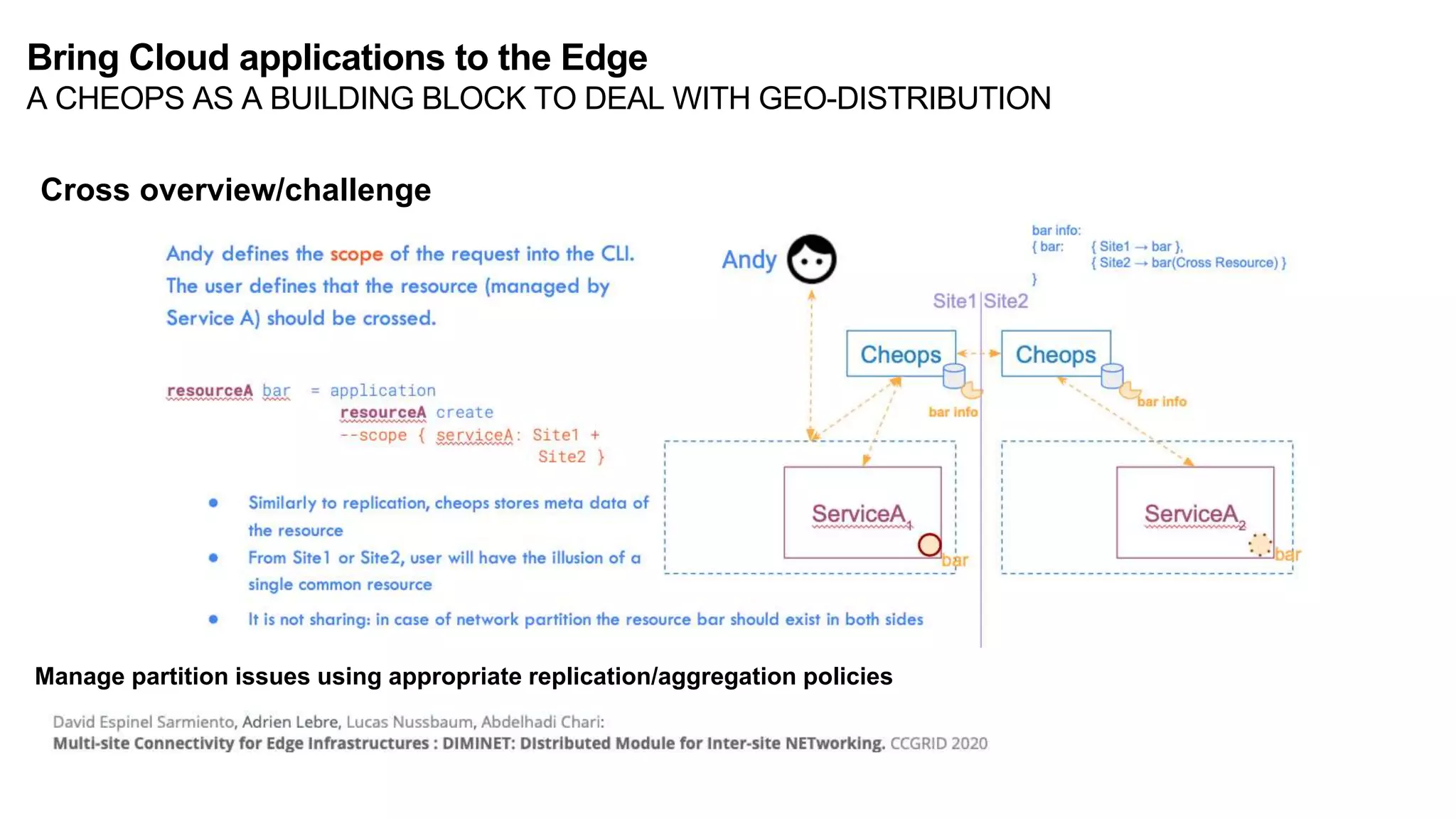 Manage partition issues using appropriate replication/aggregation policies
Cross overview/challenge
Bring Cloud applications to the Edge
A CHEOPS AS A BUILDING BLOCK TO DEAL WITH GEO-DISTRIBUTION
 