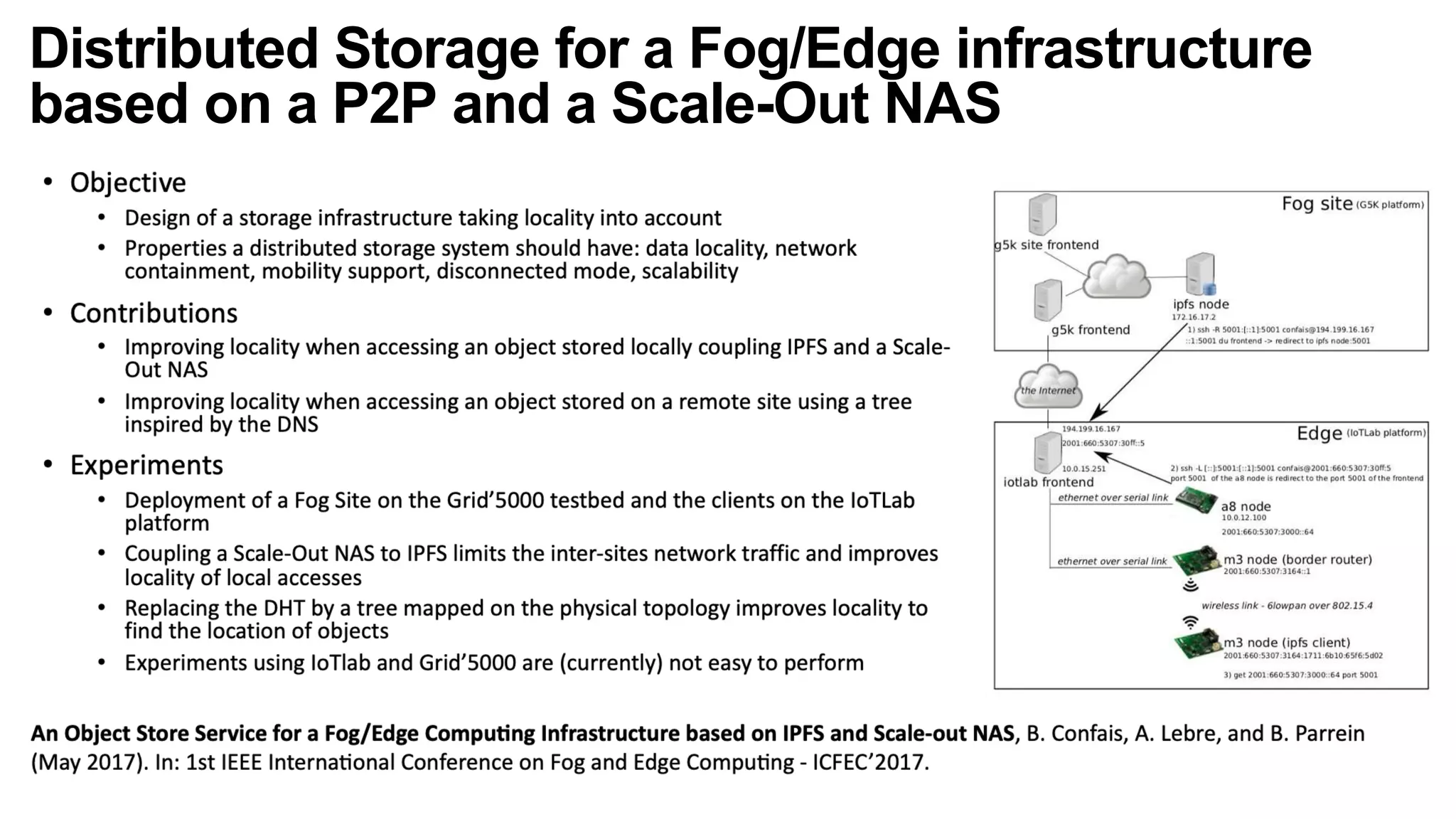 Distributed Storage for a Fog/Edge infrastructure
based on a P2P and a Scale-Out NAS
 