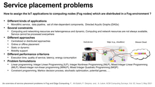 Service placement problems
How to assign the IoT applications to computing nodes (Fog nodes) which are distributed in a Fo...