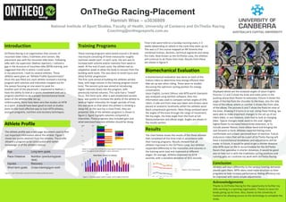 OnTheGo Racing-Placement
Hamish Wise – u3036809
National Institute of Sport Studies, Faculty of Health, University of Canberra and OnTheGo Racing
Coaching@onthegosports.com.au

Introduction

Training Programs

OnTheGo Racing is an organisation that consists of
mountain biker riders, triathletes and runners. My
placement was with the mountain bike team. Following
talks with my supervisor (Nathan Spencer), I noticed a
gap in the structure of mountain bike (MTB) training, and
suggested that this is where I could assist.
In my placement, I took on several athletes. These
athletes were given an “Athlete Profile Questionnaire”.
Once this was filled out, each athlete received a training
program with volumes and intensities mapped out for
the season focusing on one event to peak for.
Another part of the placement, I explained to Nathan, I
have the ability to look at a sports movement and use a
program (dartfish) to do a proper biomechanical break
down of the athletes bike set up.
Unfortunately, there have been very few studies on MTB
as a sport. It would have been great to look at studies
done on the most effective way to train MTB athletes,
and gym programs, nutrition and recovery techniques.

These training programs were based around a 20 week
macrocycle consisting of three mesocycles roughly
six/seven weeks each. In each cycle, the aim was to
increase both volume and/or intensity from week to
week. At the end of each cycle, the athlete had an
adaptation week to allow the body to recover from the
building work loads. This was done to avoid injury and
allow further progression.
The first cycle aimed at building the athletes aerobic
base, with large volume in the training program (more
kms). The second cycle was aimed at introducing
higher intensity levels into the program, with
previously trained volumes. This cycle had a “mixed”
focus. The third cycle, after a well established aerobic
base, was purely to increase the ability of the athlete to
work at higher intensities for longer periods of time,
this was done so that when the athlete is climbing a
steep hill, or the race has a close finish, they are
prepared. One of the athletes programs is shown in
figure 2, figure 3 graphs volumes compared to
intensities. These programs also included gym and
what exercises/reps/sets athletes should be doing.

Age
Race Distance

Injuries
Short term goals

Long term goals
Nutrition (pre/during/post
race)
Recovery
Cross-training/gym work

WEEK

June

CYCLE

1
2
3
4
5
6
7
8
9
10
11
12
13
14
15
16
17
18
19
20

July

August

September

OCTOBER

A biomechanical evaluation was done on each of the
Enduro riders to determine how energy efficient their
bike set up was when riding. There were no studies
discussing the optimum cycling position for energy
conservation.
Jason English, current 24hour solo MTB world champion
was analysed using dartfish software, then this
information was used to compare certain angles of OTG
riders. A side and front view was taken and stickers were
placed on anatomic landmarks whilst the athletes wore
black compression garments. Main things analysed were
the angles of the knee through the range of movement,
the hip angle, the knee angle from the front at full
flexion/extension and elbow angle. Angles are shown in
the results section.

EVENT

Results

TT

AEROBIC FOCUS
INTENSTY FOCUS
MIXED
TAPER
ADAPTATION
Time Trial
Race

TT
ADATION

TT
TT
ADAPTION
TT
TT

WEMBO

Figure 2. Example of an athletes training program showing where time trials
occur. The legend shows what each colour represents.
Week-Week: Volume vs Intensity
10
9

The chart below shows the results of the three athletes
that completed all the time trials in accordance with
their training programs. Results showed that all
athletes improved in the OnTheGo Loop, but athletes
responded differently to the intensities and volumes in
the training work load and improved at different
stages. On average, athletes improved my 67.8
seconds, with a standard deviation of 35.6 seconds.

1

4

2

3

5

6

7

Displayed above are the analysed angles of Jason English.
Pictures 1,2 and 3 show the knee and ankle joints in the
pushing phase from flexion to extension. Picture 4 shows the
angle of the hip from the shoulder to the knee, also the side
view of the elbow, where as number 5 shows the front view
of the elbow. The pictures 6 and 7 show the front-on view of
the knee, showing if it turns in or out. Using these finding, we
were able to make important changes to the set up of our
riders bikes, in one instance, even had to look at changing
bikes. Typical changes made were to the seat: slightly
higher/lower to increase/reduce knee extension, or to
include plantar flexion, more elbow bend and bringing the
seat forward or back. Athletes reported feeling more
comfortable and a lower perceived level of exertion. Future
endurance riders that will be a part of OnTheGo Racing will
have a biomechanical breakdown and adjustments will be
made. In future, it would be good to get a shorter distance
elite MTB racer on file to accommodate for the OnTheGo
Racers that specialise in shorter distances. It would be good
also to help out in with the triathletes cycling positions and
running gaits as I continue my work with OnTheGo Racing .

8
7

Conclusion

56

6
5
4

Volume

3

Intensity

2
1
0

Figure 1: main information sourced from the athlete profile document

Biomechanical Evaluation

1

2

3

4

5

6

7

8

9

10

11

12

13

14

15

16

17

18

19

20

Week

Figure 3. Training program week to week, volume against intensity

Time recorded (minutes: seconds)

The athlete profile was a two page document used to find
out important information about the athlete. Figure 1
shows key points attained from the athletes. The profile
allowed a program to be constructed with better
knowledge of of the athlete’s history.

MONTH

Rating

Athlete Profile

Time trials were held on a Sunday morning every 2-3
weeks (depending on where in the cycle they were up to).
This was a 27 km course mapped on Mt Stromlo that
combined inclines, declines, technical segments and steep
fire trails. Now known as the OnTheGo Loop, the athletes
will continue to do these time trials. Results from these
are shown in figure 4.

55
54
53
52
51

1

50

2

49

3

48
47
46
Jun-30

Jul-14

Aug-04

Aug-18

Date of TT

Sep-01

Sep-15

Figure 4. Time Trial results

Athletes will react differently to the various training demands
placed upon them. MTB riders need more structure to their
programs to help increase performance. Riding efficiency can
be improved with some simple adjustments.

Acknowledgements
Thanks to OnTheGo Racing for the opportunity to further my
skills working in a sporting organisation. Thanks to Jason for
kindly giving up his time. Also, thanks to the University of
Canberra for allowing access to the technology to complete the
study.

CRICOS #00212K

 