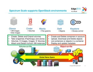 © Copyright IBM Corporation 2015
Spectrum Scale supports OpenStack environments
17
Glance
• VM images
• Disk images
Cinder
• Volumes
Swift
• Objects
Manila
• File systems
Global Name Space
Volume-on-file Object-on-file
• Create, Delete and Extend volumes
• Take snapshots (FlashCopy) and clones
• Volumes Images, Images Volumes
• Attach and Detach to/from VM instances
• Create and Delete containers in account
• Upload, Download and Delete objects
• List containers or objects in a container
• Display and update metadata
Keystone
• Access control
 