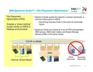 © Copyright IBM Corporation 2015
HDFS
Namenode
Secondary
Namenode
IBM Spectrum Scale™ – File Placement Optimization
SAN
Internal, Direct-Attach
• Spectrum Scale avoids the need for a central namenode, a
common failure point in HDFS
• Avoid long recovery times in the event of namenode
failure
• Spectrum Scale can consist of a mix of FPO and standard
NSD servers, NSD client nodes, and Elastic Storage
Servers (ESS) in the same cluster
File Placement
Optimization (FPO)
Creates a “share nothing”
cluster similar to HDFS in
Hadoop environments
28
TCP/IP or RDMA
 