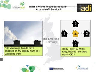 What is Warm Neighbourhoods® 
Today I live 100 miles 
away, how do I do know 
mum’s OK ? 
AroundMe™ Service? 
100 years ago I could have 
checked on my elderly mum as I 
walked to work 
The Smoking 
Chimney 
 