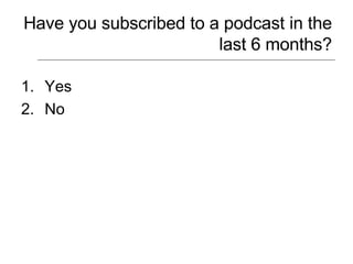 Have you subscribed to a podcast in the last 6 months? Yes No 