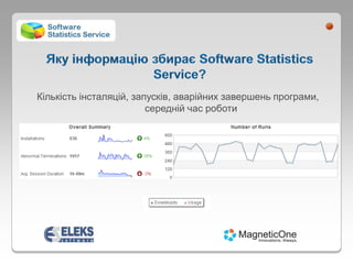 Кількість інсталяцій, запусків, аварійних завершень програми,
                         середній час роботи
 