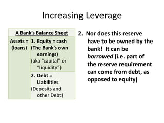 Increasing Leverage2.  Nor does this reserve have to be owned by the bank!  It can be borrowed (i.e. part of the reserve requirement can come from debt, as opposed to equity)