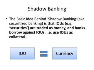 Shadow BankingThe Basic Idea Behind ‘Shadow Banking’(aka securitized banking) is that IOUs (e.g. ‘securities’) are traded as money, and banks borrow against IOUs, i.e. use IOUs as collateral.IOUCurrency