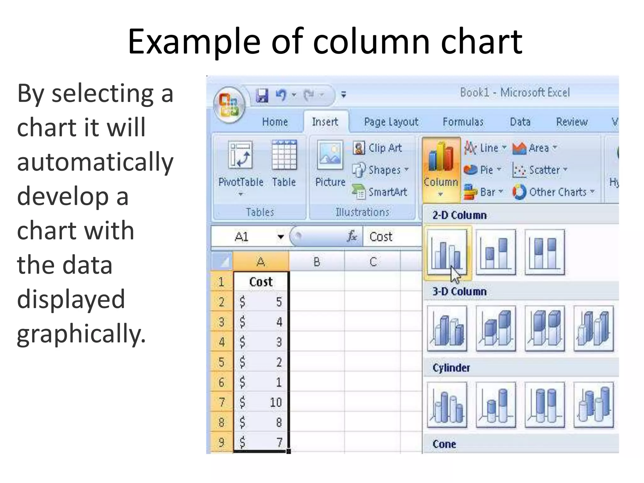 Example of column chart
By selecting a
chart it will
automatically
develop a
chart with
the data
displayed
graphically.
 