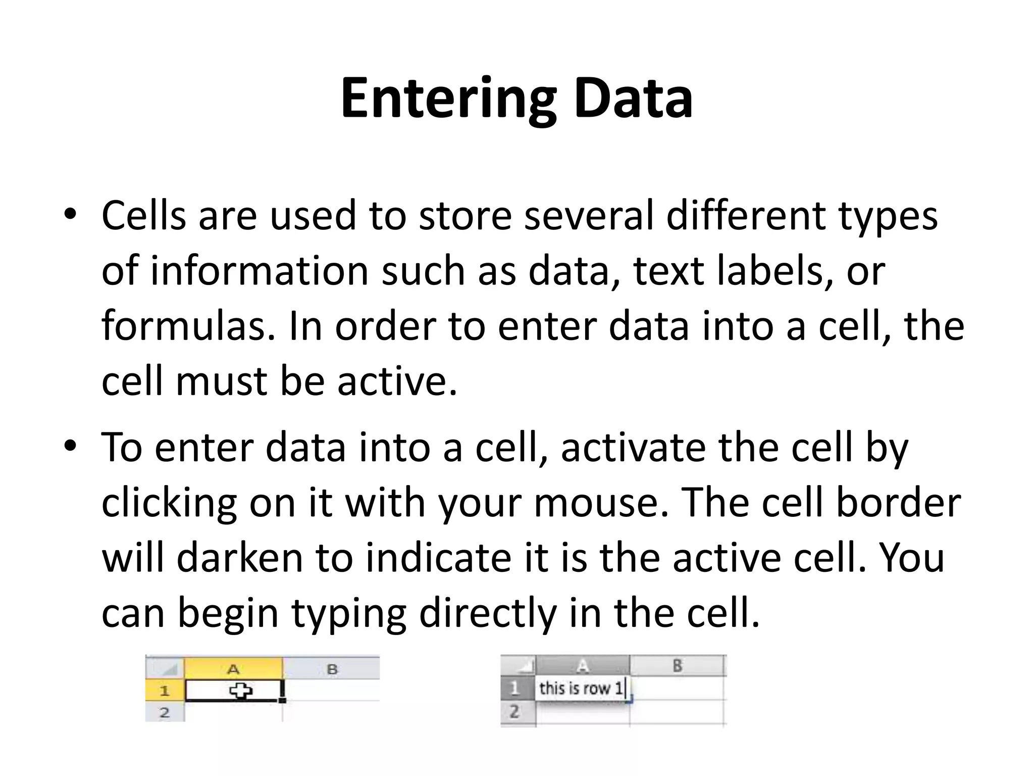Entering Data
• Cells are used to store several different types
of information such as data, text labels, or
formulas. In order to enter data into a cell, the
cell must be active.
• To enter data into a cell, activate the cell by
clicking on it with your mouse. The cell border
will darken to indicate it is the active cell. You
can begin typing directly in the cell.
 