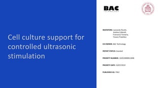 Cell culture support for
controlled ultrasonic
stimulation
INVENTORS: Leonardo Ricotti,
Andrea Cafarelli,
Francesco Fontana,
Tiziano Pratellesi
CO-OWNER: BAC Technology
PATENT STATUS: Granted
PRIORITY NUMBER: 102019000012696
PRIORITY DATE: 23/07/2019
PUBLISHED AS: ITALY
 
