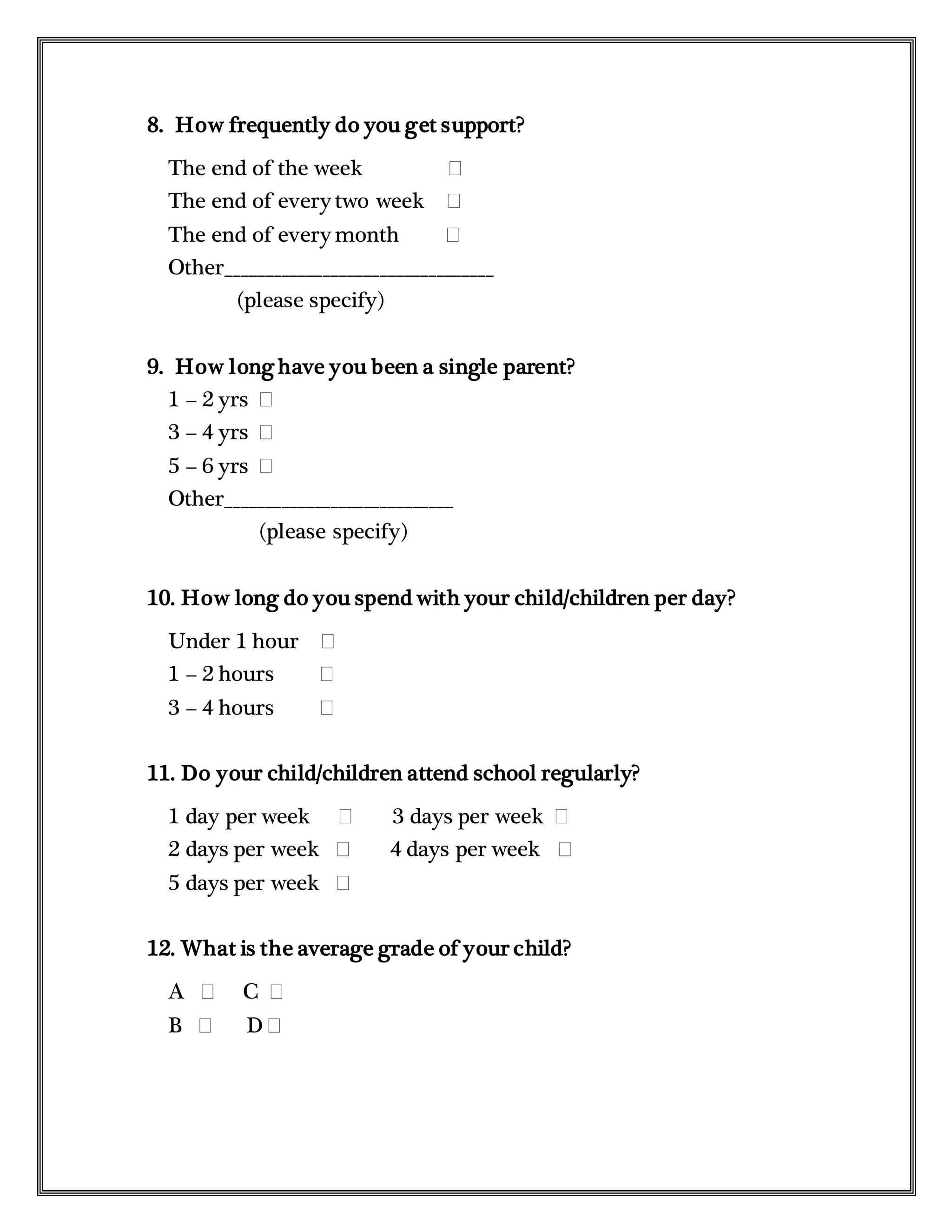 questionnaire on challenges of single mothers