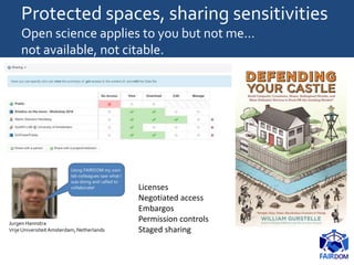 Protected spaces, sharing sensitivities
Open science applies to you but not me…
not available, not citable.
Licenses
Negotiated access
Embargos
Permission controls
Staged sharing
 