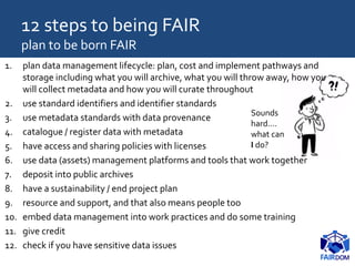 Sounds
hard….
what can
I do?
12 steps to being FAIR
plan to be born FAIR
1. plan data management lifecycle: plan, cost and implement pathways and
storage including what you will archive, what you will throw away, how you
will collect metadata and how you will curate throughout
2. use standard identifiers and identifier standards
3. use metadata standards with data provenance
4. catalogue / register data with metadata
5. have access and sharing policies with licenses
6. use data (assets) management platforms and tools that work together
7. deposit into public archives
8. have a sustainability / end project plan
9. resource and support, and that also means people too
10. embed data management into work practices and do some training
11. give credit
12. check if you have sensitive data issues
 