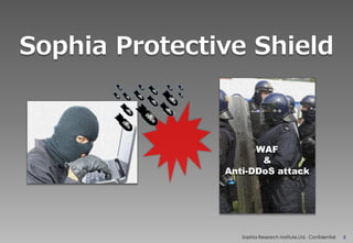 CONFIDENTIAL
Sophia Research Institute,Ltd. Confidential 5
Sophia Protective Shield
WAF
&
Anti-DDoS attack
 