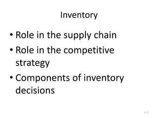 Inventory

• Role in the supply chain
• Role in the competitive
strategy
• Components of inventory
decisions
3-11

 