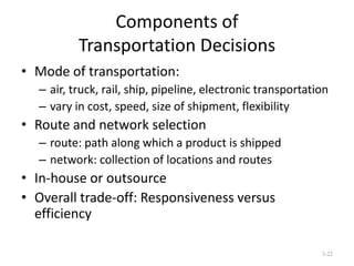Components of
Transportation Decisions
• Mode of transportation:
– air, truck, rail, ship, pipeline, electronic transportation
– vary in cost, speed, size of shipment, flexibility

• Route and network selection
– route: path along which a product is shipped
– network: collection of locations and routes

• In-house or outsource
• Overall trade-off: Responsiveness versus
efficiency
3-22

 