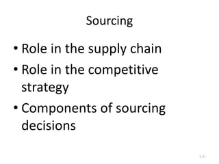 Sourcing

• Role in the supply chain
• Role in the competitive
strategy
• Components of sourcing
decisions
3-31

 
