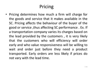Pricing
• Pricing determines how much a firm will charge for
the goods and service that it makes available in the
SC. Pricing affects the behaviour of the buyer of the
good or service ,thus affecting SC performance . Ex. If
a transportation company varies its charges based on
the lead provided by the customers , it is very likely
that the customers who will efficiency will order
early and who value responsiveness will be willing to
wait and order just before they need a product
transported. Early orders are less likely if prices do
not vary with the lead time.
3-36

 