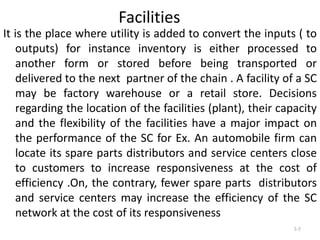 Facilities
It is the place where utility is added to convert the inputs ( to
outputs) for instance inventory is either processed to
another form or stored before being transported or
delivered to the next partner of the chain . A facility of a SC
may be factory warehouse or a retail store. Decisions
regarding the location of the facilities (plant), their capacity
and the flexibility of the facilities have a major impact on
the performance of the SC for Ex. An automobile firm can
locate its spare parts distributors and service centers close
to customers to increase responsiveness at the cost of
efficiency .On, the contrary, fewer spare parts distributors
and service centers may increase the efficiency of the SC
network at the cost of its responsiveness
3-5

 