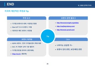 END
26
추천 도서
 디지털 포렌식의 세계 / 이준형,조정원
 Start UP 디스크 포렌식 / 이별
 네트워크 패킷 포렌식 / 최경철
포렌식 관련 블로그
 http://forensicinsight.org/slides
 http://maj3sty.tistory.com/
 http://forensic-proof.com/
포렌식 워게임
 KDFS 포렌식 : 한국 디지털포렌식 학회 대회
 DC3 :미 국방부 산하 기관 챌린지
 디지털 범인을 찾아라 (경진대회)
 http://xcz.kr (몇문제)
Q&A
 나머지는 궁금한 거~
 포렌식 강의 관련, 보안/해킹 관련
Tip
지극히 개인적인 추천과 Tip
Ⅶ. 내용을 입력해 주세요
 