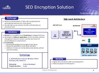 Calsoft Confidential 1
SED Encryption Solution
Challenges
Solutions
Benefits
High Level Architecture
 Perform authentication of 100s self encrypting drives
automatically without user intervention
 Provide high secure solution for SED authentication at
enterprise level
 Ported to Linux platform and fixed bugs in Seagate SED tool
 Developed a software application to communicate with key
management server to access, retrieve and store the
password(keys) to unlock drives
 Functionality
 Centralized handling and storage of passwords
 Enhanced scalability in multi-drive scenarios
 Addition of drives can be handled automatically without
user intervention
Technology
C, SCSI Reference manual, Windows Active
Directory, SSL, Kerberos
Resources: : 2 Linux Developer
Project Duration: : 1 year
Customer under NDA
 Highly Secure Solution with easy deployment
 Reduced password interception
Self Encrypted Drives
JBOD
SAS
SED
Authentication
Software
NETWORK
AD
KMS
Interface
between
AD/KDC & SED
authentication
s/w
AD/LAP Host
 