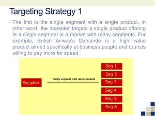 Targeting Strategy 1
• The first is the single segment with a single product. In
other word, the marketer targets a single product offering
at a single segment in a market with many segments. For
example, British Airway's Concorde is a high value
product aimed specifically at business people and tourists
willing to pay more for speed.
 