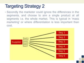 Targeting Strategy 2
• Secondly the marketer could ignore the differences in the
segments, and choose to aim a single product at all
segments i.e. the whole market. This is typical in 'mass
marketing' or where differentiation is less important than
cost.
 