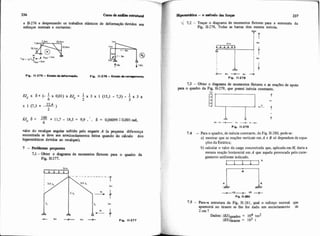 236 CII~SOde inPg «rhritiua~
e II-276 e desprezando os trabalhos elásticos de defomçllo devidos aos
esforços normais e cortantes:
I Fig. 11-275 -En.do&&foimi*k. Fig. 11.276 -Enido &sri.pmmto.
H, 6 = -+ 11.7 - 18,s = 9,9 .' . 6 = 0,00099 -0,001 rad,
6
valor do recalque angular sofrido pelo engaste A (a pequena diferença
encontrada se deve aos arredondamentos feitos quando do ciicuio dos
hiperestáticos devidos ao recalque).
7 - Pmbiemas pmpoatos
7.1 -Obter o diagrama de momentos fletores para o quadro da
Fig. 11-277.
i7.2 - Traçar o diagrama de momentos fletores para a estrutura da
Fig. 11.278. Todas as barras têm mesma indrcia.
w
+ - a m + d m - C
Fig. 11-278
7.3 - Obter o diagrama de momentos fletores e as reaç&s de apoio
para o quadro da Fig. 11-279, que possui inkrcia constante.
d bc*- C ---C L +
t
Fig. 11.279
7.4 - Para o quadro, de inércia constante, da Fig. 11-280,pede-se:
a) mostrar que as reaçóes verticais em A e B só dependem de equa-
çóes da Estática;
b) calcular o valor da carga concentrada que, aplicadaemM, dana a
mesma reação horizontal em A que aquela provocada pelo carre-
gamento uniforme indicado.
EEni
-in- +
Fig. 11.280
7.5 - Para-a estrutura da Fig, 11-281, qual o esforço normal que
aparecerá no tirante se lhe for dado um encurtamento de
Z c m ?
Dados: (Eqquadro = lo4 tm2
(ESltirante = 103 t
 