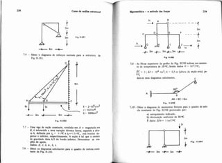 7.6 - Obter o diagrama de esforços normais para a estrutura da
Fia. 11-282.
Fig. 11-282
7.7 - Uma viga de seção constante, rotulada em A e engastada em
E, é submetida a uma variação térmica linear, segundo a altu-
ra h, definida por rs = +t 'X e ti =+3t OC, nos bordos su-
perior e inferior, respectivamente. A seção é tal que o centro
de gravidade dista h/3 do bordo inferior. Determinar as rea-
' @s de apoio.
Dados: E, J, S. a,h, r.
7.8 - Obter os diagramag solicitantes para o quadro de inércia cons-
tante da Fig. 11.283.
Hiped6tics -o método da9 fo- 239
Fip 11-282
7.9 -As fibras superiores da grelha da Fig. 11-283sofrem um aumen-
to de temperatura de 20 oC. Sendo dados = 10-5/oC;
= 2 ;W = 104 tm2; h = 0,s m (altura da seção reta), pe-
GJt
dem-se seus diagramas solicitantes.
A
,
AB=BC=6m
Fip. 11-283
7.10'- Obter o diagrama de momentos fletores para o quadro de inbr-
cia wnstante da Fig. 11.284 provocado por:
a) carregamento indicado.
b) diminuição uniforme de 30 OC
E dado: WCt = 1 tm21oC
&2t .
1-1-1 Fip. 11.284
 