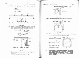 240 Cuno de wáiisc estrutural
7.11 - Obter o diagrama de momentos fletores para a viga de inér-
cia variável da Fig. 11-286.
Dados:
JA = JD = Jcomp.
J~ = 5 Jcomp.
Fig. 11-286
7.12 - O apoio B da estrutura da Fig. 11-287 sofre um recalque de
1 cm, de cima para baixo. Pede-se o DMF e as reaçties de
apoio. Admitir que a barra @ tenha inércia constante.
Dados: Barra (iJ: JA= 2Jcomp.
Jc = I0Jcomp.
Barra @ : J = Jmmp.
Ucomp.= 104 tm2
7.13 - Traçar o diagrama de momentos fletores para o quadro da
Fig. 11.288.
Sáo dados: para as banas verticais: J = Jc
J
4para a bana curva: a=1, sendoJm=- J,
JcosP 3
7.14 - Idem, para o quadro da Fig. 11.289, para o qual temos:
barras verticais: J = 21ç
barras curvas: = 1, sendo Jm= J,
JCOSP
+ h & h +
Fig. 11-289
7.15 - Obter O valor do esforço normal no tirante da Fig. 11-290 devido a
um encurtamento de 2 cm a ele imposto. São dados:
Jm
Barra curva: --Jcosq
- 1, sendo
Jm= Jc
Ci
Barras verticais: J = 2Jc
( H c ) quadro = 10" tm'
+- .I --r-
(ES) tirante = 5x103 t ~ 9 .11-290
7.16 - Qual a variagio de comprimento que deve ser dada ao tiran-
te AB da estrutura da Fig. 11-291 durante a montagem pa-
ra que, quando atuar o carregamento indicado. o momen-
to fletor atuante em A e em B sqa de Zmt, tracionando
as fibras externas ?
 