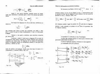 Sendo Jc uma indrcia arbitrária, chamada inbrcia de compa-
raça0 (que usualmente 6 arbitrada igual à menor das in6rcias das barras),
temos:
Em hinçáo dos diagramas M e M em cada barra, tabelaremos os
valores de:
Jc
Ibarra
M M ~ S
barra
que, somados para todas as barras das estruturas, nos darão o valar
EJc 6, a partir do qual se obtdm, imediatamente, o valor da deformação
sdes?j&
Vejamos o caso geral a considerar, para estruturas compostas
.por barras retas:
Conforme a tabela I, vemos que os diagramas no 'estado de
carregamento serão sempre compostos de trechos retilíneos para estmturas
compostas por barras retas. Os diagramas M no estado de deformação
podem ser quaisquer (função do carregamento atuante). O caso geral será,
portanto, o cálculo do valor
sendo M retiiíneo e M qualquer. Temos, para uma barra de inbrcia Ji e
comprimento li, conforme indica a Fig. 1-14:
a + li
Mxdx 6 oDa Geometria das Massas, sabemos que
a
momento eststico da reaM .em relação a0 eixo y, numericamente igual
ao produto da hrea A do diagrama M pela distância i de seu centro de
Mgravidade ao eixo y. Ficamos, entáo, com:
Jc
que desejamos tabelar C igual ao produto de -pela área do diagrama
J;
qualquer e pela ordenada, na posição de seu ientro de gravidade, lida
no diagrama retilíneo.
A expressão 1-3 C atribuida ao nisso Vereschaguin.
A partir dela, podemos instituir os valores para os diversos casos
particulares apresentados na tabela 11.
A título de apiicaçZo imediata, estudemos os casos seguintes:
a) Combinação de M e retilíneos:
Fig. 1-16
 