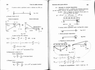 'r- - ~-~-
268 Cursa de análise estmtural
O sistema estático equivalente sendo o indicado em 111.8, te-
mos:
, A B C
n
A
Fig. 111-8
-
a) Rotação relativa em B
4 " '. M = imt
p@F = 1/47
2,5mt 111.9.1
Fig. 111.9
A partir da Fig. 111-9, obtemos:
F J ~ ~= J'MÜI~+ 3 FF + 3 MM. ouseja
k K
'. 6 = - 18.9 x 1 0 3 rad (sentido: ) )
b) Deslocamento vertical de C
Temos, imediatamente:
6 =- Fc = 4=4 mm (para baixo)
C k 103
c) Rotação de A
Temos, imediatamente:
BA = 3 = = 2,4 x 10-3 rad (sentido horário)
K 104
Estruturas sobre apoios elhstims 269
1.4 - Resolu@o de eshuturas hipemtstiw
Conhecidos os E J ~ ~, o problema das estruturas hiperestiti-
cas está. também, resolvido. As aplicaçtks seguintes esclarecerão.
E r 111-2- Obter o diagrama de momentos fletores para a vi-
ga da Fig. 111-10. São dados:
4
= lo5 tm2 ; K = 104mt/rad ; k = 10 tlm
Fia. 111-10
O sistema estático equivalente sendo o da Fig 111-11, temos:
1. Sistema principal e hiperestatico
2 Diagramas no sistema principal
1tJm
X1= lmt
4t /
4. Equação de compatibilidade: - 26.33 + 12.83 X1 = O
 