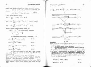 rotaç6es nulas da tangente à elástica na origem, obtemos, da condição:
~ ( 0 )= 0, que C3 = C4 , simplificando-se a igualdade (III-
11) para
y(x) = c3 e - h x (cos xx + sen X X ) (111.12)
a partir da qual, podemos escrever: 1
d2M ( x ) = -EJ 2= - 2 EJ h2c3 e - ' x (sen xx - cos Ax)
dx2
Devido à simetria existente, sabemos tambhm que:
5
Q (O+) = - P/2 , cotn o que obtemos, finalmente:
O problema está então resolvido e temos para x >0:
PX -Ix(COS Xx + se? Xx)y(x) = - e (111-13)
2k
'h2 e-'X sen xxV(x) = -- (111-14)
k
P eAx(cos xx - sen XX)M(x) = - (111-15)
4 X
I
Q(x) = --EedXx cos Xx
2
(111-16)
IOs gráficos das funções y(x), ~ ( x ) ,M(x) e Q(x) se encon-
tram na Fig. 111.22.~No ponto de aplicaçao .da carga P(x= O), temos
I5 Estamos, então, calculando a equafão válida para x positivo.
6 As expresròer (111.13) a (111-16) mostram pue as funçáes ylx), vxf: M l r l e
Q(xJ são tunfóes lineares de P. Isto prova a validadc do emprcgo do principio da
~uperposifãode efeitos, de que falamos na introdução deste tópico
i Devido i simeiria cstática exirtcntc, sabemos que a funções ylx) c M(x) 150
rimitriçai e ar funcóes V@) eQ(x1 anti-simétricas, com o que pudemos trafnr os
gráficos Nmplctos. a partir da? equaçõcs dcduzidas, válidas somente para x Po
ritivo.
Estmtiuas sobrei p i mdbrticos 277
Fig. 111-22
Obsenqões:
a) Para emprego das equações (111-13) a (111-Ió), temos as seguintes wn-
venções 2e sinais:
P e y são positivos quando de cima para baixo;
M e Q têm seus sinais obedecendo convenç6es clássicasde sinaisado-
tados no estudo das vigas;
9 é positivo quando no sentido dos ponteiros do rel6gio(sentidohorário).
b) Para facilitar o t r a b ~numdriw do engenheiro, a introdução das
funções A(Xx), B(Xx), CfXx) e D(Xx), d e f ~ d a spelasigualdades(111-17) a
(111-20) e tabeladas, para os diversos valores de (Xx) na tabela XVIII.
Permite a simplificação das equações (111.13) a (IIi-16) para a forma
indicada em (111-21) a (111-24).
AfAx)= e-Xx (cos Xx + sen Xx) (111.17)
BIXx) =e-Xx sen xx (111-18)
 