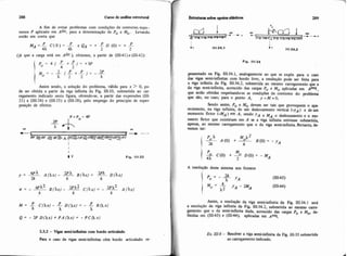 288 Cuiso de anúiise estrutural
A fim de evitar problemas com condiçaes de contorno, supo-
remos P aplicado em Adir, para a determinação de Po e Mo. Levando
então em conta que
(jh que a carga está em ~ d i r . ) ,obtemos, a partir de (11141) e (11142):
Assim sendo, a solução do problema, válida para x > O, po-
de ser obtida a partir da viga infinita da Fig. 111-33, submetida ao car-
regamento indicado nesta figura, obtendo-se, a partir das expressões (111-
21) a (111-24) e (111-25) a (111-28), pelo emprego do principio de super-
posição de efeitos:
P+Po= 4P
0
AO3- m
C --)
!// s///I//% *i;//,=///~//&-@~//&-//~///
I
1
I
t v Fig. 111-33
2.3.2 -r* smiciníininitsr com bordo artieulado
Para o caso de vigas semi-infinitas c6m bordo articulado re.
premitado na Fig. 111-34.1, analogamente ao que se expôs para o caso
das vigas semi-infinitas com bordo livre, a resolução pode ser feita para
a viga infinita da Fig. 111-34.2, submetida ao mesmo carregamento que a
da viga semi-infinita, acrescido das cargas Po e Mo aplicadas em AeSq,
que ser50 obtidas respeitando-se as condições de contorno do problema
que são, no caso; para o ponto A, y =M = O.
Sendo assim, Po e Mo devem ser tais que provoquem o apa-
recimento, na viga infinita, de um deslocamento vertical (-yA) e de um
momento fletor (-MA) em A, sendo YA e M,, o deslo-ento e o -mento fletor que existiam em A se a viga infinita estivesse submetida,
apenas, ao mesmo carregamento que o da viga semi-infinita.hrtant~d e
vemos ter:
A resoluçso deste sistema nos fornece
Assi, a resoluç%oda viga semioinfinita da Fig. 111-34.1 ser6
a resoluçáo da viga infinita da Fig. U1-34.2, submetida ao mesmo carre-
gamehto que o da semi-infinita dada, acrescido das cargas Po e Mo, d e
fmidas em (IU-43) e (11141, aplicadas em Aesq.
Ex. iII-8- Resolver a viga semi-infinita da Fig. 111.35 submetida
ao Carregamentoindicado.
 