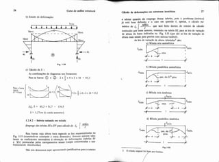 26 Cum de análise estrutural
b) Estado de deformação:
Fia 1-54
c) Cálculo de 6 :
As combinaçóes de diagramas nos fornecem:
Paraasbarras a e 0 : 2 ~ ' ~ 4 x 2 ~16 = 85,3
3
curva
(l"8 rn)
6 = 1.37cm (a corda aumenta).
1.2.4.2 - inércia variando em mfsula
Emprego das tabelasIII a X V p m cilculo de Jc
Para barras cuja altura varia segundo as leis esquematizadas na
Fig E35 (mantendo-se constante a outra dimensão). divenos autores tabe-
laram os coeficientes necessários i obtenção de deformações (tabelas 1V
a XV) provocadas pelos carregamentos usuais (cargas concentradas e uni-
formemente distribuídas).
Não nos deteremos aqui apresentando justificativas para o roteiro
Cglculo de deformap" em estruturas isost8ticas 27
a adotar quando do emprego dessas tabelas, pois o problema (tebrico)
já está bem definido e o caso em questão 6 , apenas. o cátculo nu-
mds
que ser8 feito dentro do roteiro de eálculombrieo de .i, -;-I
J *
instituído por estes autores, resumido na tabela 111, para as leis de variação
de altura da barra indicadas na Fig. 1-35 (que são as leis de variação de
altura mais usuais para pontes com inCrcia variável).
As leis de variação de altura tabeladas2 sxo:
I
a) Misula reta assimétrica
I 1 .
Jmáx 1 Jmin
I
p%reta t
+ a -4 I
b) Misula parabólica assim6trica
par. do 2.O grau
c) Misula reta simétrica
Jmáx Jmáx
d) Misula parabólica simétrica
Fi* 1.35
2 O estudo original
 