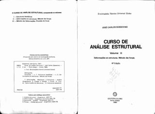 I -Estruturas Isost8ticas
II -Deforrnatóes em estruturas. Metoda das forcas
111 -Wtodo das DeformaçÍks. Roasso de Croo
FICHA CATALOGRAFICA
[Preparada pelo Centro de Catalogaq50-nsFonte,
Cimara Brasileira do Livra. SPI
Süsrekind. Jose Carlos. 1947-
S963c Curso de analise ertrutuial / Jose Carlos Siiwkind.-
v. 1-2 4. ed. - Pona Alegre : Giabo. 1980.
v. ilust. IEnciciopWia thcnica universal Globol
Bibliografia.
Cante8jdo. - v. 1. Estruturas isost6ticar. - v. 2. De-
formações em estruturas. MBtado dar forças.
1: Deformwões IMecinicaI 2. Estruturas - Andlire
(Engenharia) 3. Forcas e Tensões. I.Titulo. II. Titu-
I0 : Deformaç6es em estruturas. IiI.Estruturas isostiticar.
inlices paa málogo sinam6tica
1. Análise estrutural : Engenharia 624.171
2. Deformagaes : ~ ~ ~ ~ ~ h ~ ~ i ~estrutural 624.176
3. Ertruturar : Análise :.~ngenheria 624.171
4.Forwr : Analise ettrutural : ~ngenharis624.176
-- -
Enciclopédia Técnica Universal Globo
CURSO DE
ISE ESTRUTURAL
Volume I1
Deformaçõesem estruturas. Mbtododasforças.
EDITORA GLOBO
Porto Alegre
1980
 