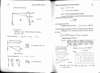 44 Cuiso de anáiise est~turai
b) Estado de deformação
Fig. 1-41
C) Cflculo de 6 :
Conforme o roteiro indicado na tabela 111, obtemos:
Para a bana ,@ :
(mís reta simétrica): 81 = 2= 0,2; = 0 , ~ ; 1. = 5
1o
Para a barra @ :
(mís. reta assimétrica): X = I; n =0,2; I'= 5
nc6 = 197 +49 = 246
.'. 6 = 2,46 im (para a esquerda)
1.2.4.3 - Caso de variação aleatória da inércia
NO caso da inércia náo variar segundo nenhuma das leis estudadas
anteriormente, teremos que calcular
por integraçáo aproximada.
O problema será, pois, calcular
- Jc
1, qdx sendo q =h@f-.J
Uma das maneiras de resolvê-lo será através do empregoda regra de Sipson:
Dividindo-se o v%o1 da barra num número n (par) de intervalos
Ax. temos:
A aplicaçãoseguinteesclarecer.5.
Ex l-12- Caldar a rotação da tangente à elástica em A
para a viga da Fig. 1-42. submetida ao carregamento
indicado. A seção é retangular, com base de 40cm
e altura variável conforme a figura. É dado:
E = 2,l x 106 t1m2.
4 i I r A i
6 0 4 x 1 ~ -Adotando EJc = 2.1 x 10 x - L -12
< . I . , . ,. - 4= 7 x 10 tm*., , I ' . '
. ...- ....
, temos:
106
108 Y.0 276.0
18
Fig. 1-42 0121
Vem, ent~o: E J ~6 = 387,4 x&= 2 387.4 = 258 2 = 387.4
3 3
:. 6 = 3,68 x 1 0 - ~rad
 