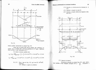 62 Curso de anáiise estrutural
II I
I
I I 1
I
I I
'Mviga dada
I I
I I
1 I
I
I I
I
I 16x10.~m-' I
I
I
1
I
I 'iviga conjugada
I C
I carregada com
I I I
I I I I
M
1 9 = -
I I I I EJ
I
I
I
I
I
I
I I
I I I
3,6mm p,u~3,6mm
Elástica =
=Mviga. conjugada
3.2mm
elástica pedida, representada na própria Fig. 1-74.
Notar que os trechos AB e DE da elástica são retilineos; en-
quanto que os. trechos BC e CD são parábolas do 3.O grau, simétricas
uma da outra e que concordam em C.
Os valores extremos pedidos são:
2.0) Calcular os deslocamentos verticais de A
e E;
3.0) Calcular a rotação da seção B;
4.0) Calcular a rotação relativa das tangentes ê elas-
tica em C.
I ! ~ ~ i g sdada
1.O) Aspecto da elistica:
Ex. 1-22- Para a viga da Fig 1-75, que tem EJ =103 tm2,
pedem-se:
Encontra-se esbqado na própria Fig. 1-75, onde indica-
mos tamMrn a viga conjugada carrezada com q = .!!! . Chamamos a~ - -
1.O) Esboçar o aspecto da elástica; LI
 
