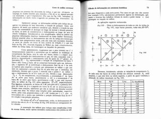 Curso de análise estrutural a n d o de deformaçõesem estruturas isostáticas
pequenas em presenca das dimensões da treliça, o que nos obrigaria ao liot para chegarmos a cada novo ponto. Nos casos em que isto não ocorrer
emprego de escalas enormes para desenho, a fim de se ter alguma precigo (ver exemplo 1-33). calcularemos previamente alguma (s) deformação, apli-
lios resultados, o que é impraticável. (No caso da Fig. 1-90. indicamos as ,.,,do o teorema dos trabalhos virtuais de modo a poder iniciar e (ou)
deformacões em escala niuito exagerada eni presença das dimensões da
trelica.
no traçado do williot.
Justimeote porque as defomaçóes sofridas pela treliça são pe-
quenas em presença de suas dimensões, a rotação de qualquer barra será
pequena, de modo que podemos considerar que, durante a rotação de uma
barra, sua extremidade se desloque ao longo da normal B direção primitiva
da barra, ao inv6s de considerarnios o deslocamento ao longo do arco de
circulo verdadeiro. Introduundo-se esta simplificação, válida no âmbito das
pequenas deformaçóes (lupótese fundamental na nossa Análise Estrutural),
toma-se possivel obtcr os deslocamentos dos nós da treliçasem termosque
desenhar seus comprimentos totais, pois não mais será necessário desenhar
os arcos de circulo em torno de seus centros de rotação; é o que está
feito na Fig. 1-91, chamada diagrama de Wiliiot ou, mais simplesmente,
williot da treliça dada, em homenagem ao lançador do processo:
Como anteriormente, imaginamos que o pino (rótula) em C é
tempordamente removido e permitinios que se realizem as mudanças de
coniprimento das barras, uma de cada vez. Assim, sendo o a origem esco-
lhida para marcação dos deslocamentos (e que, no caso. coincidirá com o
ponto a, rep-sentando o deslocamento nulo do apoio do 2.O gcnero A),
marcamos 03 = n3, representando a variação de comprimento da barra 3
(barra AB). Como a barra AB se conservará horizontal após sua deforma-
ção, o segmento Õ3 já simbolizará o deslocamento final do nó 3 da treli-
ça (apenas para respeitar a notaçào que adotaremos no williot e que con-
siste em representar a posicão final do nó pela letra que o simboliza, em
minúsculo, diremos que o ponto 3 coincide com o ponto b no williot e
que o deslocamento do nó B é dado por ob). Devido a suas diminuições
AI e de comprimento, respectivamente, a extremidade C da barra
AC se move para baixo, paralelamente a AC, e a extremidade C da
barra BC se move para baixo, paralelamente a Bs. o-aue está rep.'esen-
tado, no wiüiot da Fig. 1-91 pelos segmentos a1 e b2, respectivamente.
Para ligamos; novamente, as barras ACe BC pelo pino em C, a primeira deve
girar em torno de A e a segunda em tomo de B, até se interceptarem;
durante estas rotaçóes, admitimos que elas se movam nas direçóes normais
a cada uma delas. No williot estas rotações estão simbolizadas, respectiva-
mente, pelas retas perpendiculares a AC e BC tiradas por 1 e 2, que se
interceptam em c, ponto que simboliza a posição deformada final do nó C
em relação à sua posição primitiva.
%. -.Os vetores ou, ob e oc)representam, então, os deslocamentos ab-
Sol~itosdos nós A. B e C da treliça de Fig. 1-90devidos ao carregamento ne-
la indicado.
A wnstruçxo dos wüiiots para treliças mais complicadas é feita
da mesma forma, sendo apenas necessário conhecermos dois pontos no w S
As aplicaç5es seguintes esclarecerão.
E r 1-30- Obter os deslocamentos de todos os nós da treliça da
Fig. 1-92, cujas barras possuem, todas e l a s , ~ ~ = 1 0 ~ t .
Fig. 1-92
Devemos, inicialmente, calcular as varia~&%de comprimento ai
de cada uma das barras da treliça devidas aos esforços normais Ni nelas
atuantes, o que esiá feito na tabela seguinte, a partir da qual 6 imediata a
obtenção do-williot desenhado na ~i~.-1-93.
&ira Nj(t) li lml I ~;=N;li/ES(mml
I
 