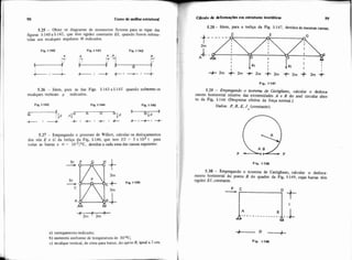 98 curso de wsuw e ~ t ~ t u i a l i Cglailo & &fornaçõesem estmtums isostútitieap 99
Fig. 1-147
5.28 - Idem, para a treliça da Fí& 1-147, devidosàs mesmas causa.
1 5.26 - Idem, para as das Figs. 1-143a 1-145 quando sofrerem os
i
recalques verticais p indicados.
5.25 - Obter os diagramas de momentos flctores para as vigas das
figuras1.140 a 1.142, que têm rigidez constante W.quando forem subme-
tidas aos recalques angulares 8 indicados.
Fig. 1-140 Fig. 1-141 Fig. 1-142
9 ,e , 9 , .e 1
I-: .-; ,.r i- 5;< , . (
Fig. 1-143 Fig. 1-144 Fig. 1-145
o r l p PI -I P o I ~
I - + - I - - - + - & l t I + - I + - C l + l +
,
I I I
5.27 - Empregando o proeesso de WiUiot, calcular os deslocamentos
dos nós E e G. da treliqa da Fig. 1.146, que tem ES = 5 x 103 t para
todas as barras e oi = IO.~/OC,devidos a cada uma das causas seguintes:
I
I
<.
u 3'
I
-
Fig. 1.146
5.29 - Empregando o teorem de Costigiinno, calcular o desloca
mento horizontal relativo das extremidades A e B do anel circular aber-
to da Fik 1-148 (Desprezar efeitos da força normal.)
Dados: P.R. E. J (constante).
5.30 - Empregando o teorema de Castigliano, calcular o deslwa-
mento horizontal do ponto B do quadm da Fig. 1-149, cujas barras têm
rigidez EJ, constante.
a) carregamento indicado;
b) aumento uniforme dc temperatura de 30 OC;
c) recaique vertical, de cima para baixo, do apoio B, igual a 2 cm.
I
 