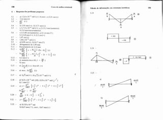 I 100 Cuno de anYise estrutural
I . Cdleulo de defonna$ões em estruturas isostátiras 101 I
6 - Respostas dos problemas propostos
a) 2,93 mm (-*I ;b) 3.71 mm (1)
a.1) 7 . 5 ~ rad (tl);a,?) 13,2 mm (aumento):
b) 5,4 mm (encurtamento)
a.l) 3,84 cmfaumento) ;a.2) I ,6 mm (f) :
b.1) 4,8 mm(+) :b.2) 2 cm (e)
1,07 cm (4)
1 . 4 6 ~10-3 rad (n)
a) 0,98 cm (4) ;b) 0,17 mm (t)
Alongamento de 1,94 mm
Encurtamento de 2,14 mm
4EJ (371- 8) ] (C)
m
4.2 ,rn (+I
-
a) aumento de <r t R ( I + )
b) zero
5.17 - a) 2 6 c m (+) ;b) f l x IO-:' rad (o)
t5.1 8 - a) 0.21 x 1O-' rad (12);0,33x 1 rad (( )
b) 1mm (4)
5.22 - a) 0.133 x rad
b) 0,67 mm ( f ) ;zero ; 0,67 mm (L )
 
