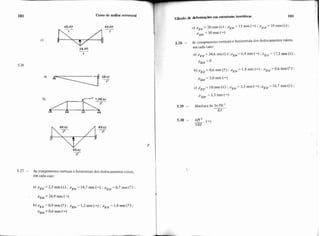 102 Curso de análise estrutural
5.27 - As componentes verticais e horizontaisdos deslocamentosvalem,
em cadacaso:
i
anilo& &formafõsem estmtunis isosiatia 103
C) P~~ = 2 o m m ( ~ ) ;pEH=15mm(+); ~ ~ ~ = 1 0 m m í L ) ;
pGH= 30 mm (-+)
5,28 - componentesverticais e horizontais dos deslocamentosvalem,
em cada caso:
a) ~~~=34,6mrn(L);~~~=6,4mm(-f);~~~=17,3mm(
pGH=0
b)pEv=0,6mm(t); pEH=1,8mm(+); pGV=0,6mm(t);
pGH= 3,O mm (+)
C)pFV= 10mm(&); ~ ~ ~ = 3 , 3 m m ( - + ) ; ~ ~ ~ = ~ 6 , 7 m m ( + ) ;
pGH = 3.3 mm (+)
5.29 - Abertura de 3nPK "-EJ
 