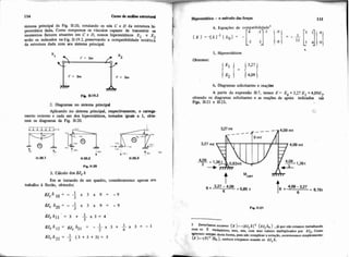 sistema principal da Fig. 11-20, rotulando os nQ C e D da estrutura hi.
perestática dada. Como rompemos OS vhculos capazes de transmitir os
momentos fletores atuantes em C e D, nossos hiperestáticos X1
e X2
serão os indicados na Fig. 11-19.2,preservando a wmpatibilidade estitica
da estrutura dada wm seu sistema principal.
I
1 2. Diagramas no sistema principal I
Aplicando no sistema principal, respectivamente, o eanega-
mento externo e cada um dos hiperestátiws, tomados iguah a 1, obte-
mos os diagramas da Fig. 11-20.
F i i 11-20
3. Cálculo dos Hc 6
Em se tratando de um quadro, consideraremos apenas seu
trabalho H flexão, obtendo:
Obtemos:
6. Diagramas solicitantes e rea<;&a
A partir da expresão 11-7, temos E = E. +3,27 El +4,09E2,
obtendo os diagramas solicitantes e as reações de apoio indicados nas
Figs. 11-21 e 11-23.
F i i 11.21
*larnos - m e r { X }= -[EJc6 r' {I?Jc6o } ,já que não enmoí imbaihuido
mm Os
V--r&eiro% ma% sim. com reus dores multiplicados por &Jc Como
tcn;imdesta forma, pan não complicarn nota~Ho.ewreveremorsirnpksmcnte:
@o 1, embora estejamos u m d o os me&
 