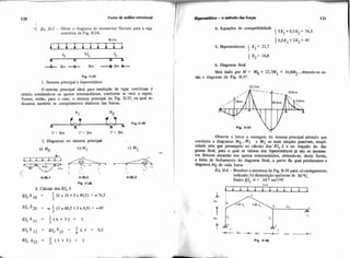 ; Ex. 11-3 - Obter o diagrama de momentos fletores para a viga
continua da Fig. 11.34.
1. Sistema principal e hiperestático
O sistema principal ideal para resolução de vigas contínuas 6
obtido rotuland<~.seos apoios internediarios, conforme se verá a seguir.
Temos, entio, para o caso, o sistema principal da Fig. 11-35. na qual in-
dicamos também os comprimentos elásticos das barras.
r:;I' = 6m I'= 3m
I' = 3m Fig. 11-35
2. Diagramas no sistema principal
a) Mo b) M1 c) M2
Fq. 11-38
3. Cálculo dos ,VcS
EJ,Sl0 = 1 ( 6 ~ 1 8 + 3 x 4 0 , 5 )=-76,s
3
I -ou -o métododasforps 121
I 4. Equações de compatibilidade
I  3X1 +0,SX2 = 76,s
1o,sx,+2x2 = 45
5. Hiperestáticos: X, = 22.7
6. Diagrama final
I Será dado por M = Mo t 22,7M1 + 16,8M2, obtendo-se en-
tao o diagrama da Fig. ii-37.
Observe o leitor a vantagem do sistema principal adotado que
conduziu a diagramas Mo ,M1 e M2 os mais simples passíveis, simpli-
cidade esta que prosseguiu no cálculo dos EJ, 6 e no traçado do dia-
grama fmal, para o qual os valores dos hiperestiticos j6 &o os momen-
tos fletores atuantes nos apoios intermediários, obtendo-se, desta forma,
a linha de fechamento do diagrama final, a partir .da qual penduramos o
diagrama Mo de cada barra
Ex. 11.4 - Resolver a estrutura da Fig. 11-38 para: a) canegamento
indicado; b) diminui ão uniforme de 30 OC,
FDado: EJ, CY = 10 tm2/0C
 